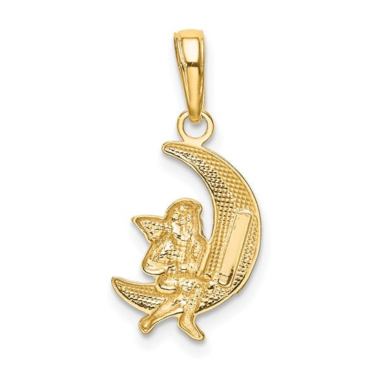 10K Yellow Gold & Rhodium Polished Moon with Angel Charm