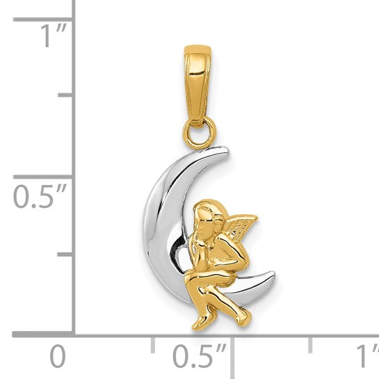 10K Yellow Gold & Rhodium Polished Moon with Angel Charm