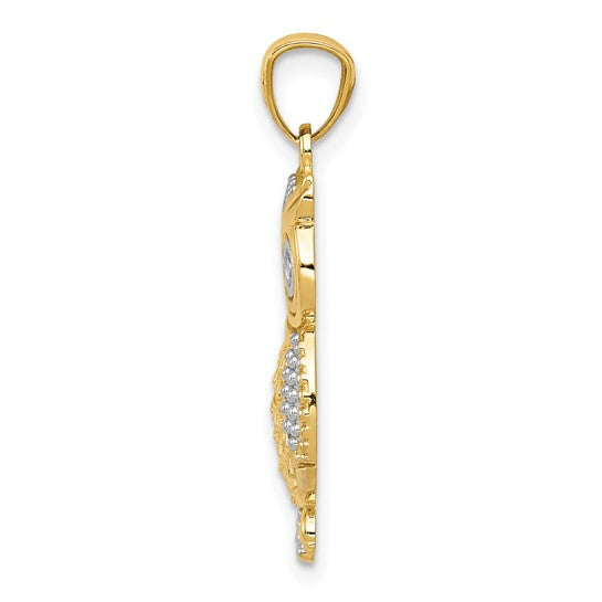 10K Yellow Gold & Rhodium Polished & Textured Owl Pendant