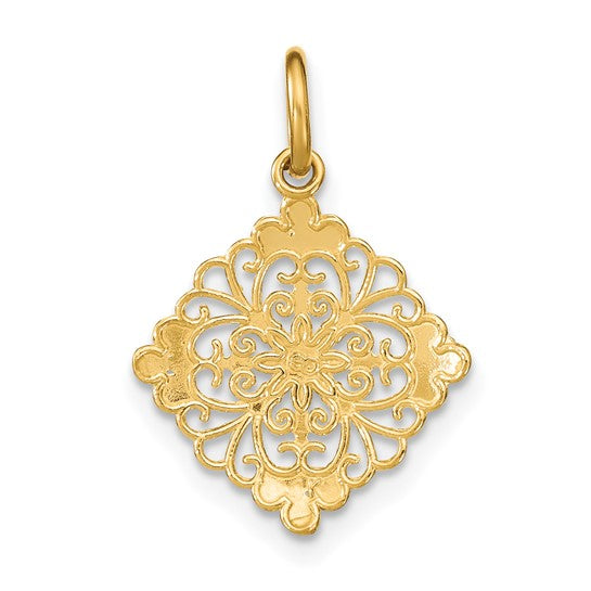 10K Yellow Gold with Rhodium & D/C Filigree Medallion Charm