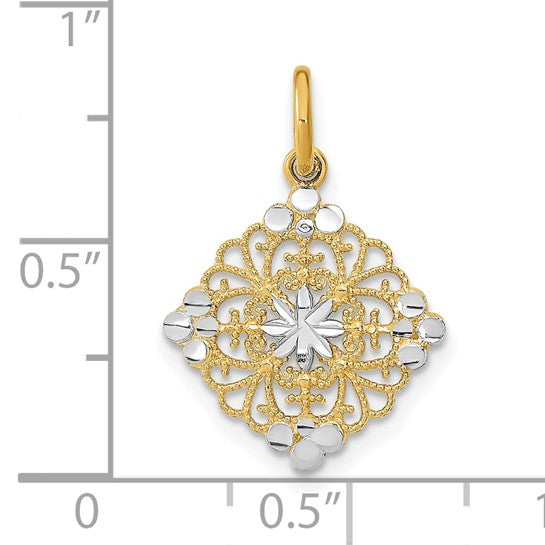 10K Yellow Gold with Rhodium & D/C Filigree Medallion Charm