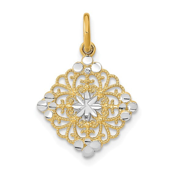 10K Yellow Gold with Rhodium & D/C Filigree Medallion Charm