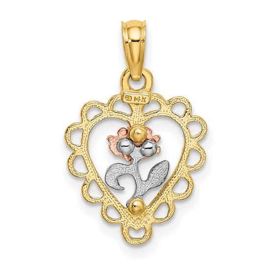14K Two-Toned Heart with Rose & Lace Border Charm