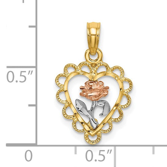 14K Two-Toned Heart with Rose & Lace Border Charm