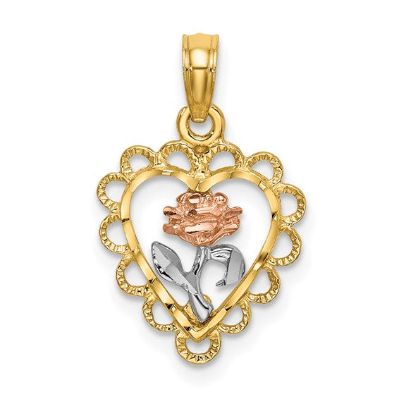 14K Two-Toned Heart with Rose & Lace Border Charm
