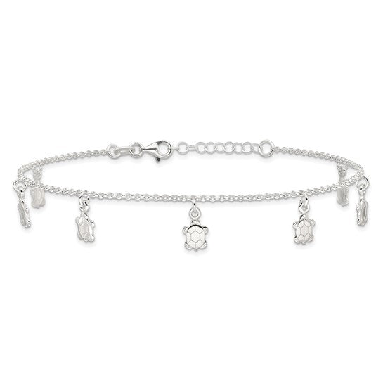 Sterling Silver Polished Dangle Turtle Anklet