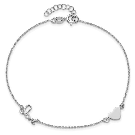 Sterling Silver Rhodium-plated Heart and LOVE Anklet