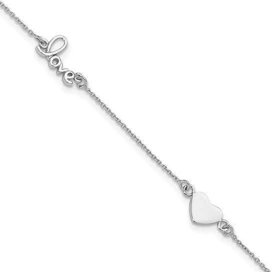Sterling Silver Rhodium-plated Heart and LOVE Anklet