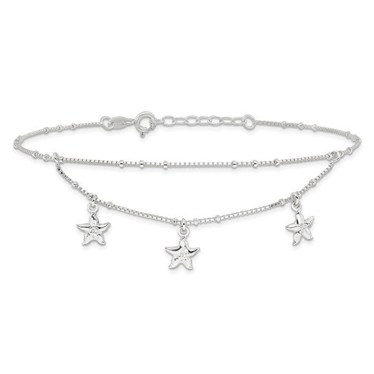 Sterling Silver Polished 2-Strand Starfish Anklet