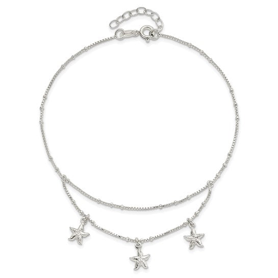 Sterling Silver Polished 2-Strand Starfish Anklet