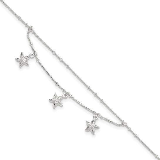 Sterling Silver Polished 2-Strand Starfish Anklet