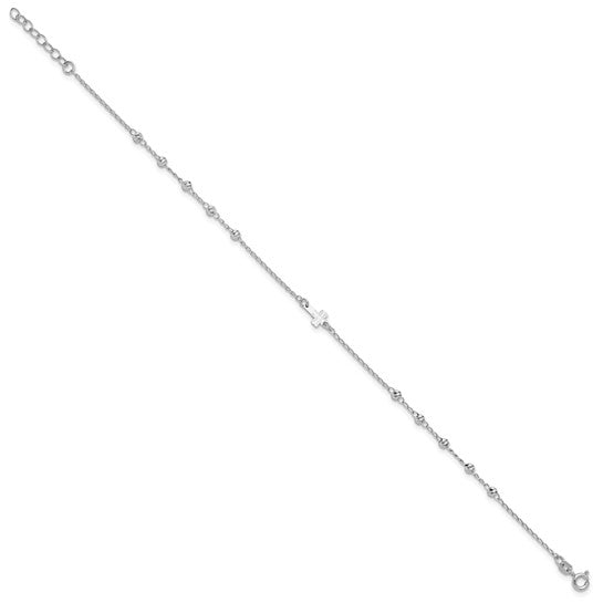 Sterling Silver RP Diamond-cut Beads & Cross Anklet