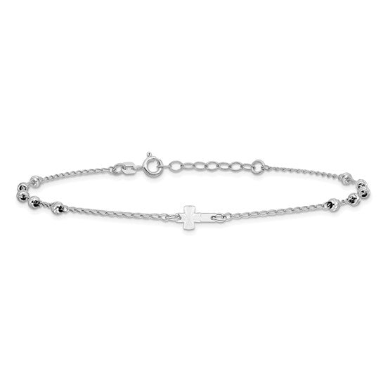 Sterling Silver RP Diamond-cut Beads & Cross Anklet