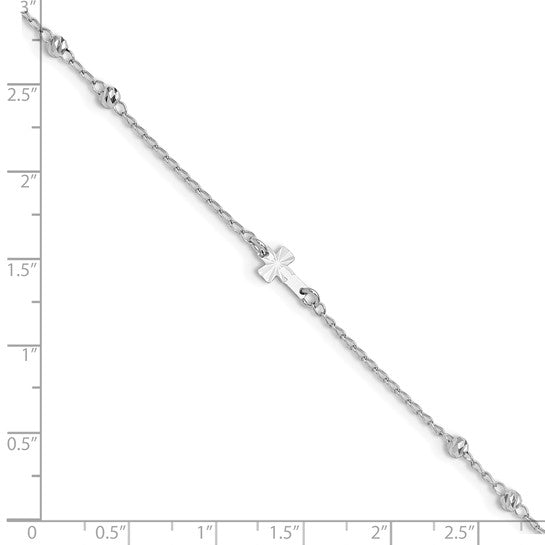 Sterling Silver RP Diamond-cut Beads & Cross Anklet