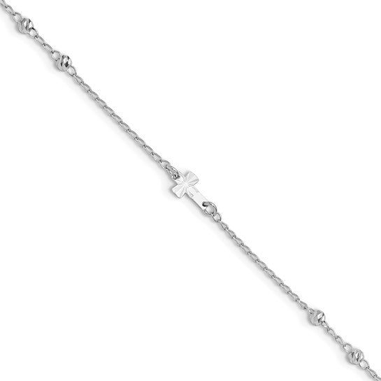 Sterling Silver RP Diamond-cut Beads & Cross Anklet