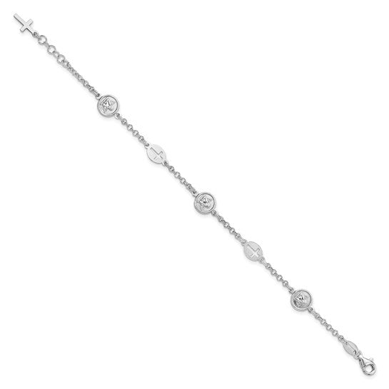 Sterling Silver Rhodium Plated Cross & Angel Bracelet