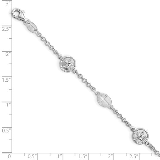 Sterling Silver Rhodium Plated Cross & Angel Bracelet