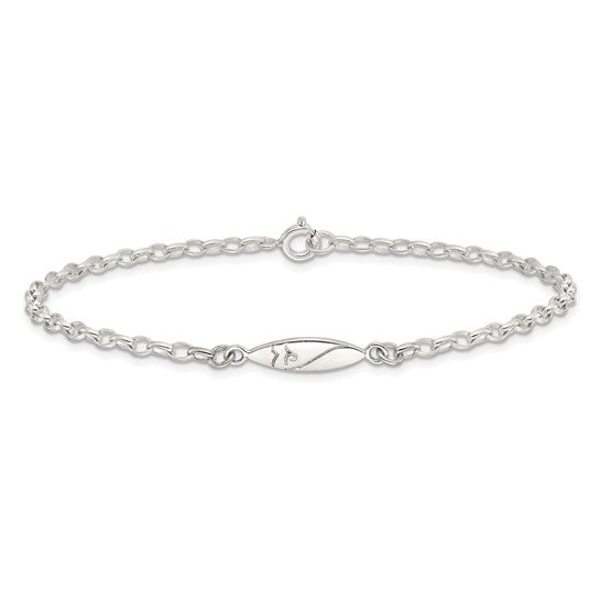Sterling Silver Antiqued Polished Etched Pointed Oval Link Anklet