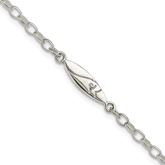 Sterling Silver Antiqued Polished Etched Pointed Oval Link Anklet