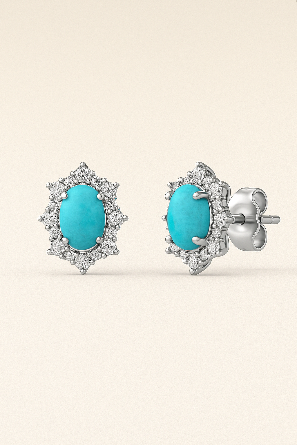 10K White Gold Oval Turquoise & Diamond Earrings