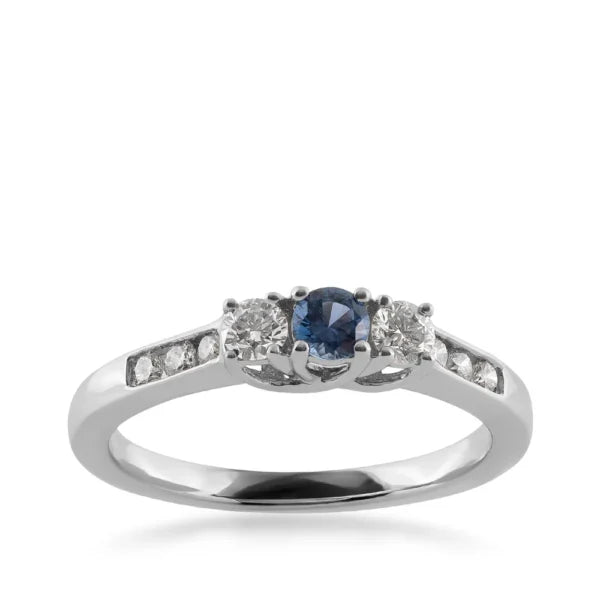 14K White Gold 3 Stone YOGO Sapphire & Diamond Ring