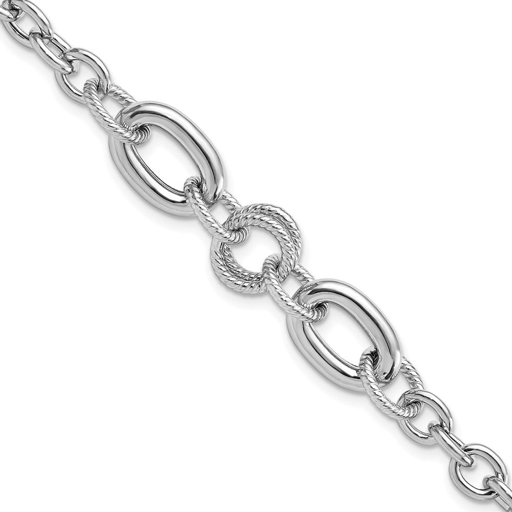 Sterling Silver Rhodium Fancy Textured Link Bracelet