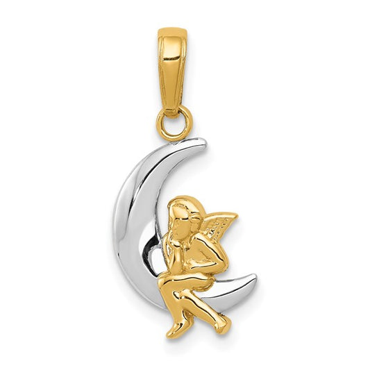 10K Yellow Gold & Rhodium Polished Moon with Angel Charm