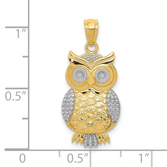 10K Yellow Gold & Rhodium Polished & Textured Owl Pendant