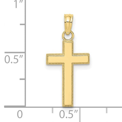 10K Polished Block Style Beaded Edge Cross Charm