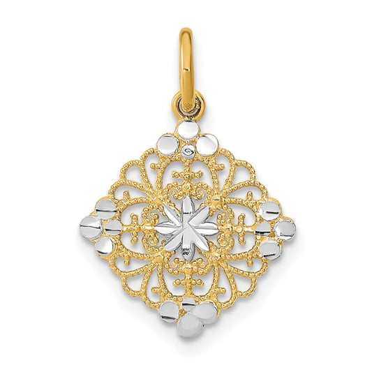 10K Yellow Gold with Rhodium & D/C Filigree Medallion Charm