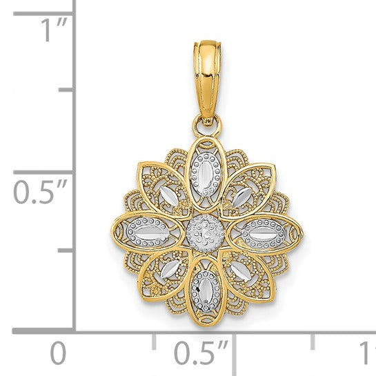 10K Yellow Gold With Rhodium Filigree Flower Charm