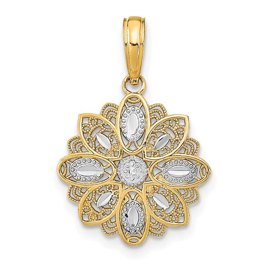 10K Yellow Gold With Rhodium Filigree Flower Charm
