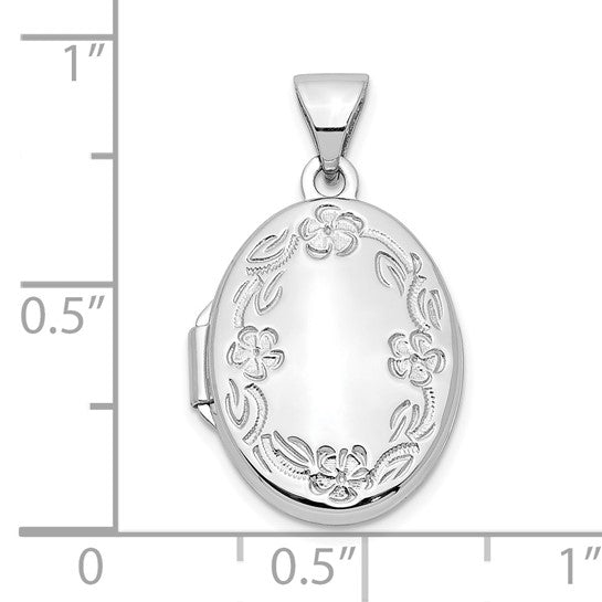 10K White Gold Oval Leaf Floral Hand Engraved Locket Charm