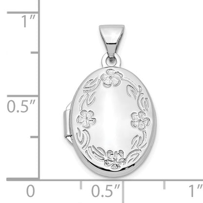 10K White Gold Oval Leaf Floral Hand Engraved Locket Charm