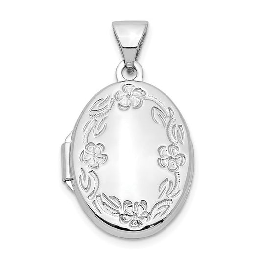 10K White Gold Oval Leaf Floral Hand Engraved Locket Charm