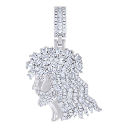Sterling Silver Men's Baguette Round Cubic-Zirconia Jesus Religious Charm Pendant