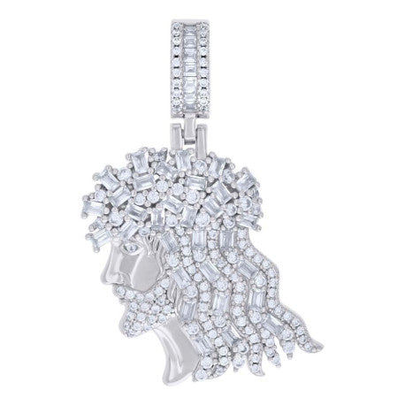 Sterling Silver Men's Baguette Round Cubic-Zirconia Jesus Religious Charm Pendant