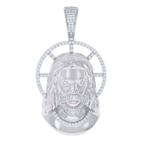 Sterling Silver Round CZ Jesus Religious Pendant