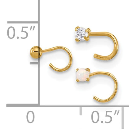 14K 22 Gauge CZ, Synthetic Opal and Ball Nose Post Set