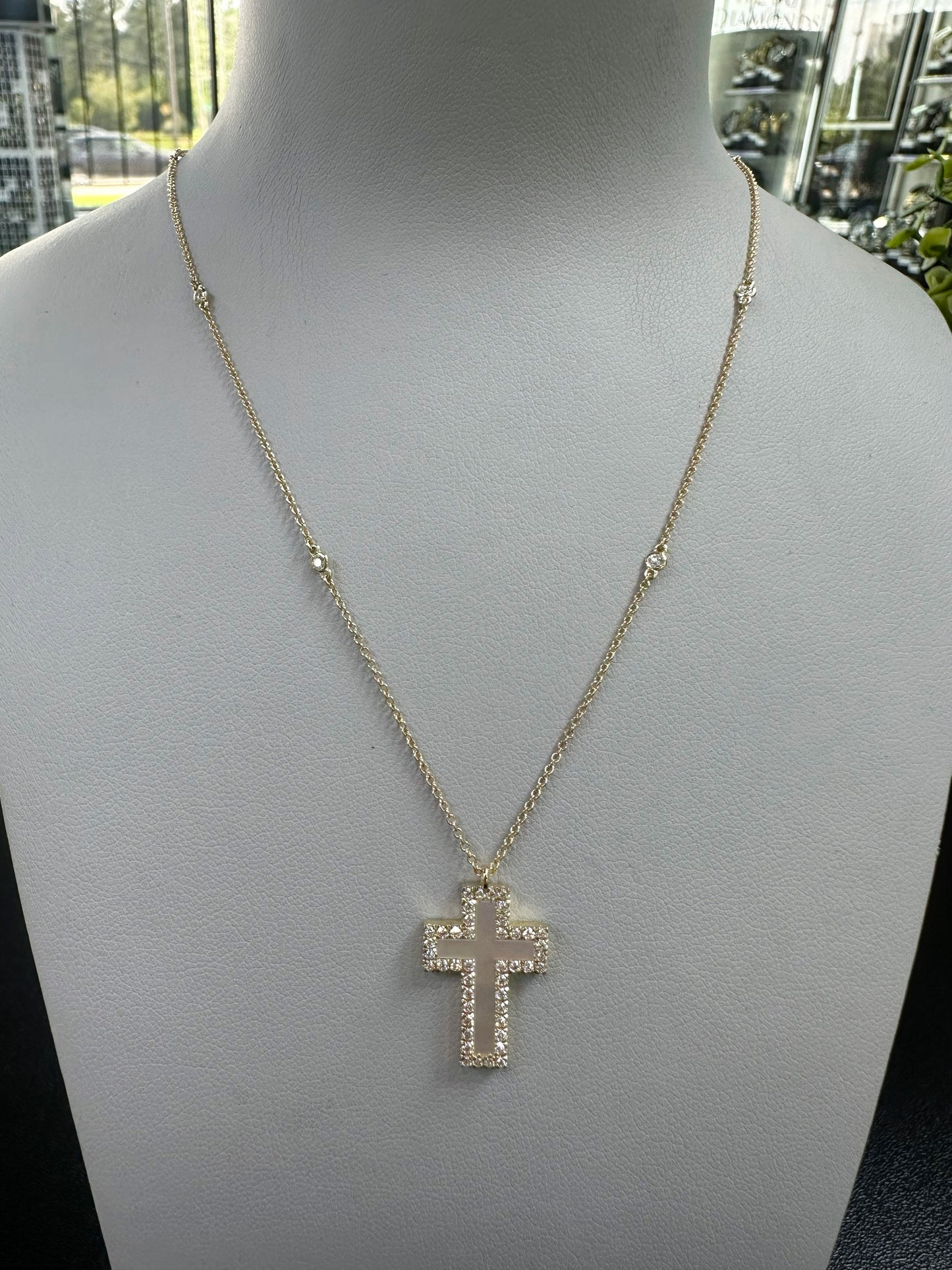 14K Yellow Gold Diamond Mother of Pearl Cross with Diamond Station Chain 18"