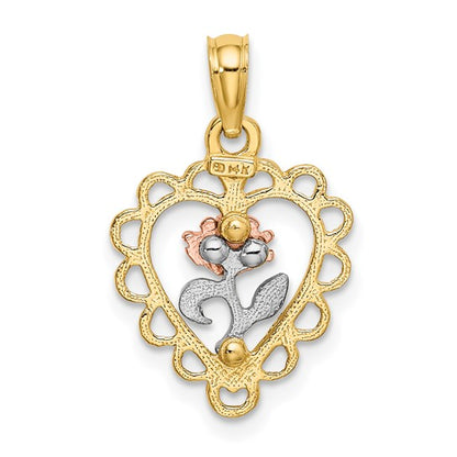 14K Two-Toned Heart with Rose & Lace Border Charm