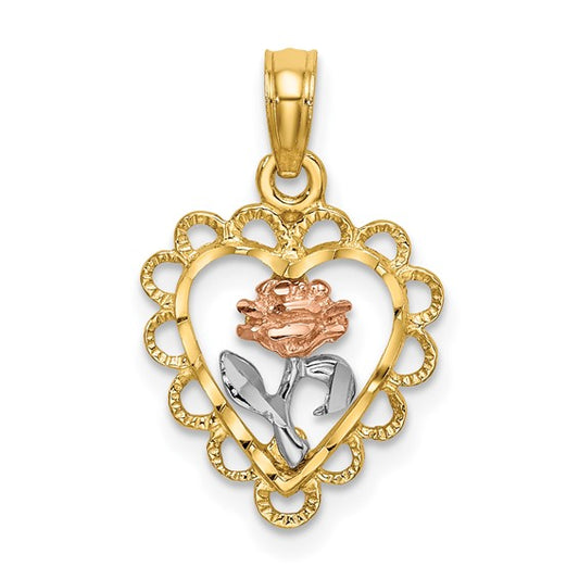 14K Two-Toned Heart with Rose & Lace Border Charm