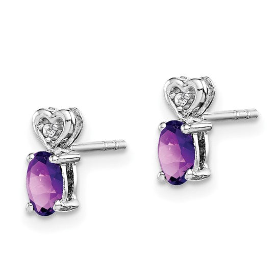 Sterling Silver Amethyst & Diamond Heart Earrings