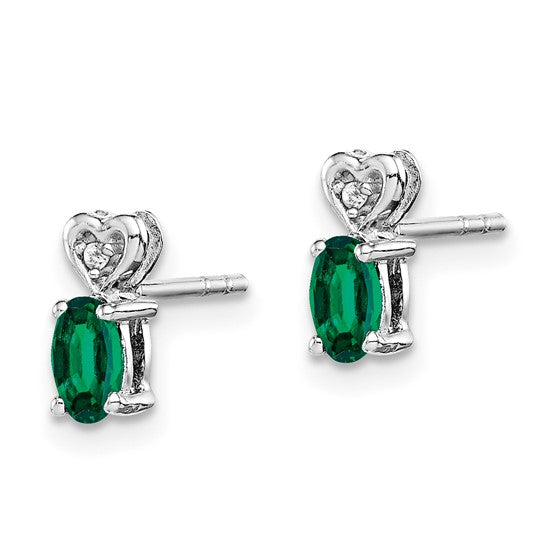 Sterling Silver Created Emerald & Diamond Heart Earrings