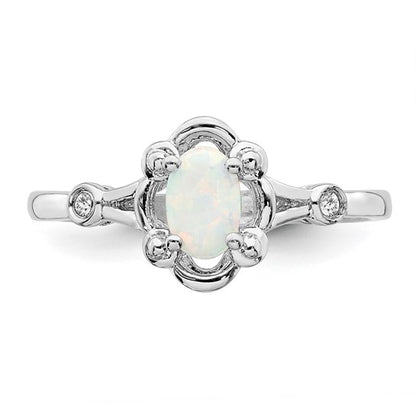 Sterling Silver Rhodium-plated Created Opal & Diamond Ring