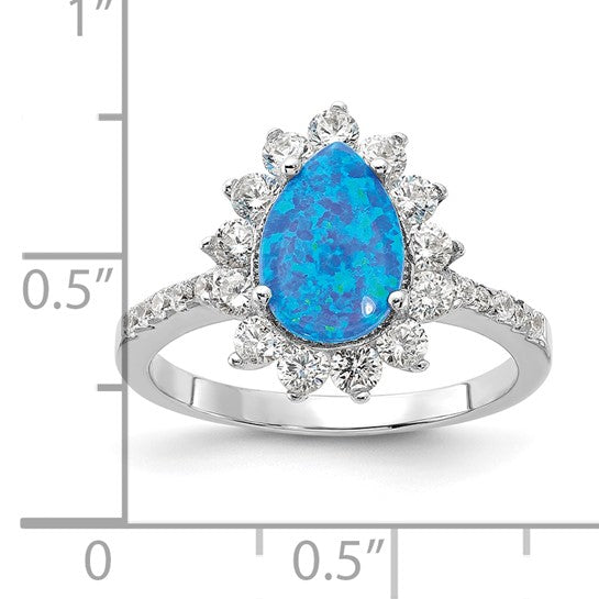 Cheryl M Sterling Silver Rhodium-plated Cabochon Lab Created Blue Opal and Brilliant-cut CZ Teardrop Shaped Ring
