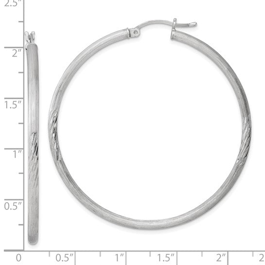 Sterling Silver Rhodium 2.5mm Polished/Satin Diamond-cut Hoop Earrings