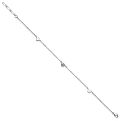 Sterling Silver Rhodium-plated CZ Heart Anklet