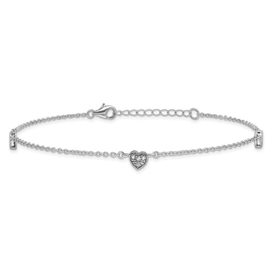 Sterling Silver Rhodium-plated CZ Heart Anklet