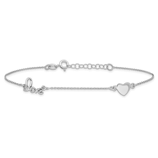 Sterling Silver Rhodium-plated Heart and LOVE Anklet